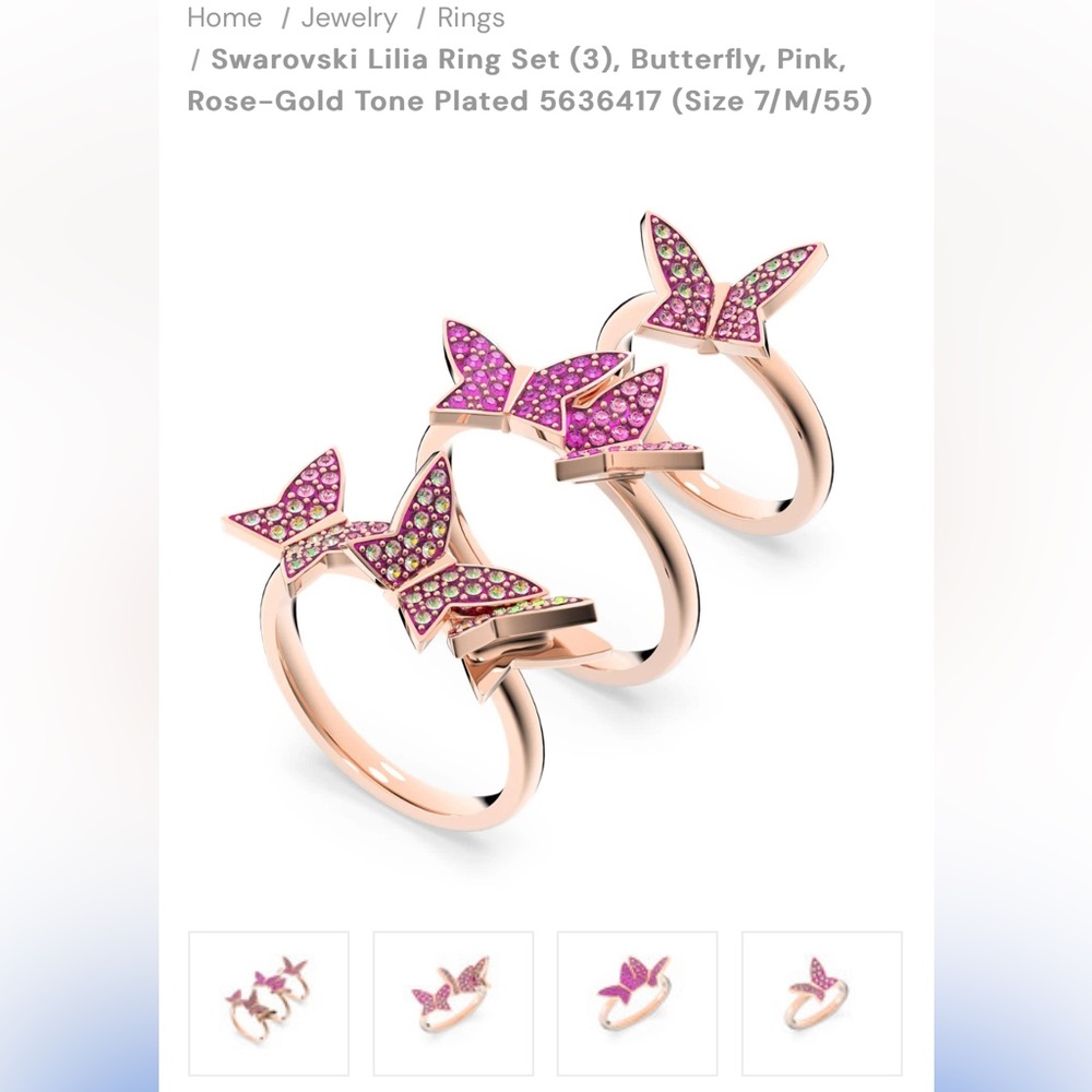 Swarovski Lilia Ring Set (3), Butterfly, Pink, Rose-Gold Tone Plated